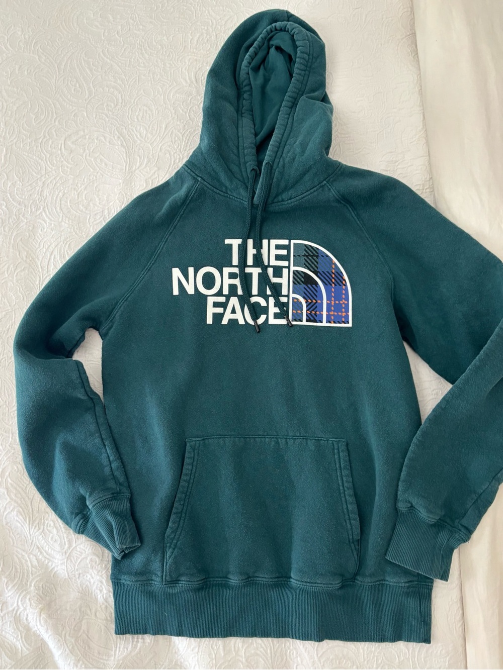 The North Face Women’s Teal Crewneck Hoodie with Logo Plaid Accent